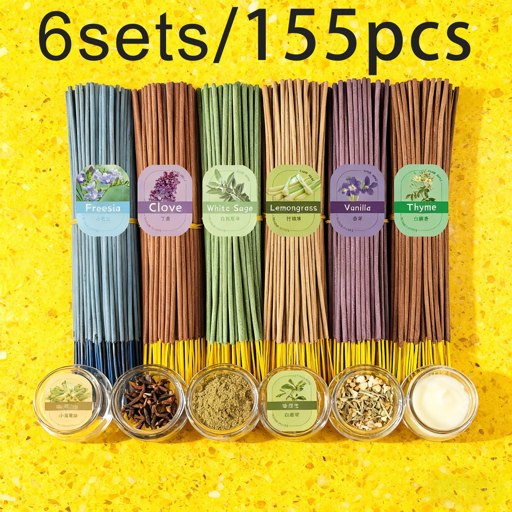 6 Sets of 155-Piece Aromatherapy Stick Sets, 25.5 Inches, Including Clove, Freesia, Sage, White Musk, Lemongrass, Vanilla, Suitable for Yoga and Meditation, Suitable for Home, Restaurants, Tea Rooms, Offices, Etc., Air Purification, Suitable for Aromathe